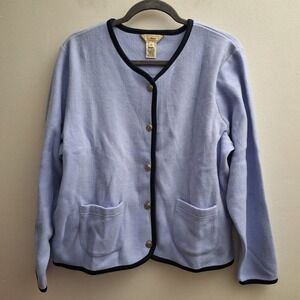 LL Bean Fleece Short Cardigan Womens Large Blue Silver Buttons Pockets Sweater
